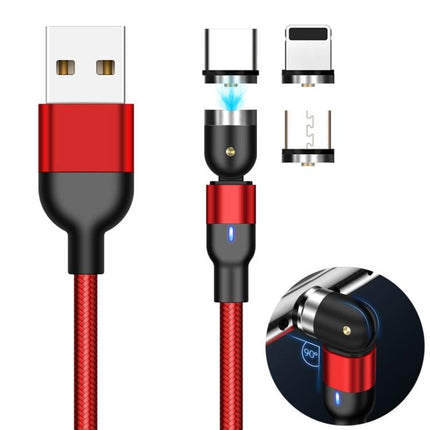 1m 2A Output 3 in 1 USB to 8 Pin + USB-C / Type-C + Micro USB Nylon Braided Rotate Magnetic Charging Cable (Red)-garmade.com