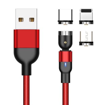 1m 2A Output 3 in 1 USB to 8 Pin + USB-C / Type-C + Micro USB Nylon Braided Rotate Magnetic Charging Cable (Red)-garmade.com
