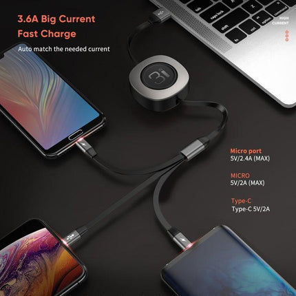 ROCK G3 5V 3.6A 3 in 1 8 Pin + Micro USB + USB-C / Type-C Retractable Fast Charging Data Cable, The Maximum Length: 1.2m(Black)-garmade.com