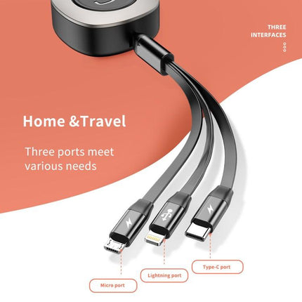 ROCK G3 5V 3.6A 3 in 1 8 Pin + Micro USB + USB-C / Type-C Retractable Fast Charging Data Cable, The Maximum Length: 1.2m(Black)-garmade.com