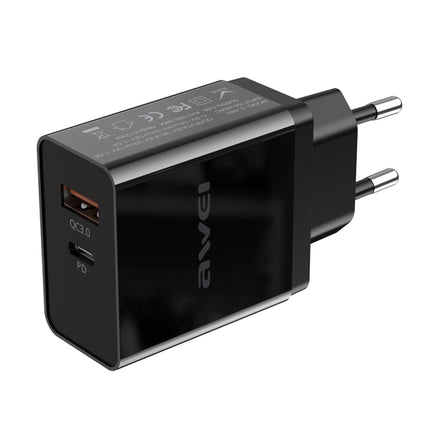 awei C-980 18W PD USB-C / Type-C + QC 3.0 USB Interface Fast Charging Travel Charger, EU Plug(Black)-garmade.com