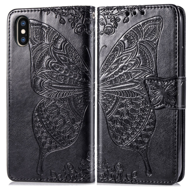 Butterfly Love Flowers Embossing Horizontal Flip Leather Case for iPhone X, with Holder & Card Slots & Wallet & Lanyard(Black)-garmade.com
