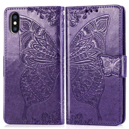 Butterfly Love Flowers Embossing Horizontal Flip Leather Case for iPhone X, with Holder & Card Slots & Wallet & Lanyard (Dark Purple)-garmade.com