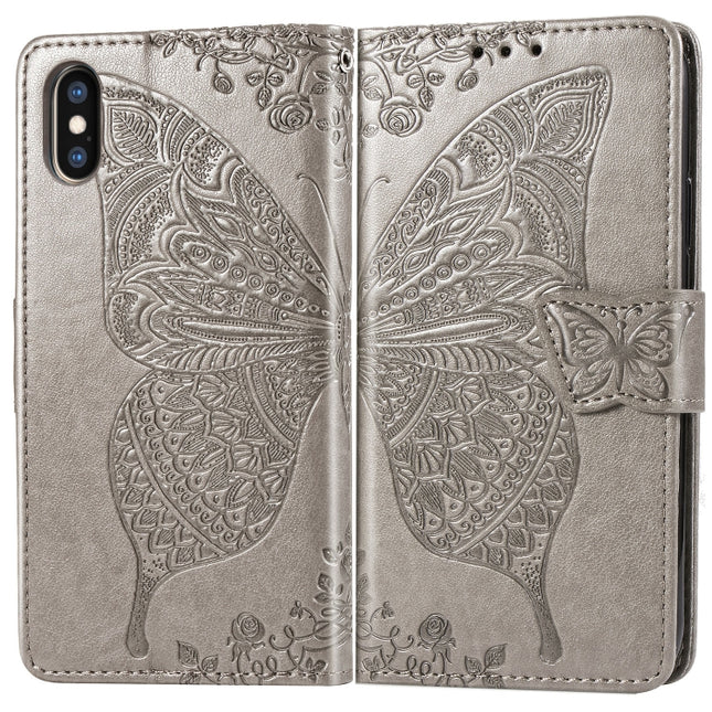 Butterfly Love Flowers Embossing Horizontal Flip Leather Case for iPhone X, with Holder & Card Slots & Wallet & Lanyard (Grey)-garmade.com