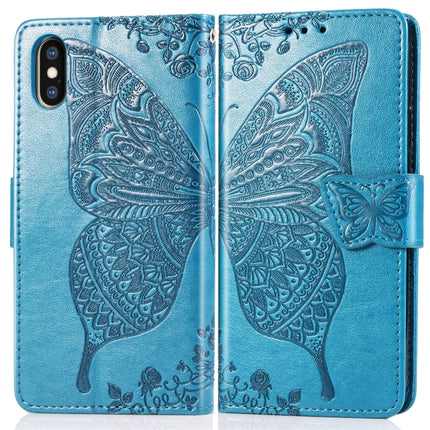 Butterfly Love Flowers Embossing Horizontal Flip Leather Case for iPhone X, with Holder & Card Slots & Wallet & Lanyard (Blue)-garmade.com