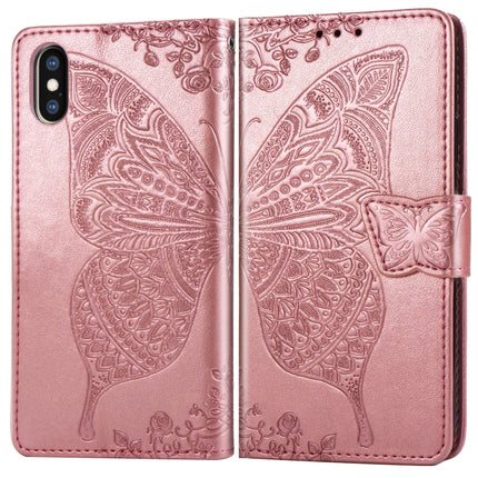 Butterfly Love Flowers Embossing Horizontal Flip Leather Case for iPhone X, with Holder & Card Slots & Wallet & Lanyard (Rose Gold)-garmade.com