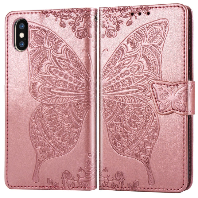 Butterfly Love Flowers Embossing Horizontal Flip Leather Case for iPhone X, with Holder & Card Slots & Wallet & Lanyard (Rose Gold)-garmade.com