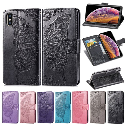 Butterfly Love Flowers Embossing Horizontal Flip Leather Case for iPhone X, with Holder & Card Slots & Wallet & Lanyard (Dark Purple)-garmade.com