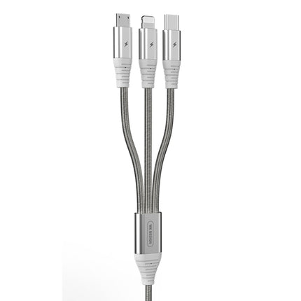 WK WDC-095 1.2m 3A Max Outout USB to 8Pin + Micro USB + USB-C / Type-C 3 in 1 Spring Steel Charging Cable (Silver)-garmade.com