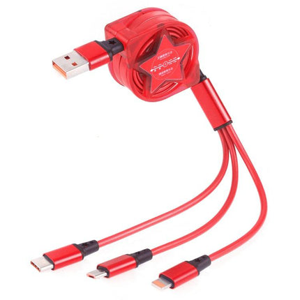 1.2m 3 in 1 USB to USB-C / Type-C + 8Pin + Micro USB Retractable Data Syn Charging Cable (Red)-garmade.com