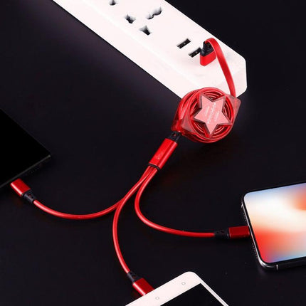 1.2m 3 in 1 USB to USB-C / Type-C + 8Pin + Micro USB Retractable Data Syn Charging Cable (Red)-garmade.com