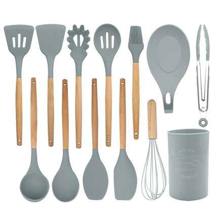 13 in 1 Silicone Wood Handle Heat-resistant Cooking Cutlery Sets Kitchen Tools with Small Container-garmade.com