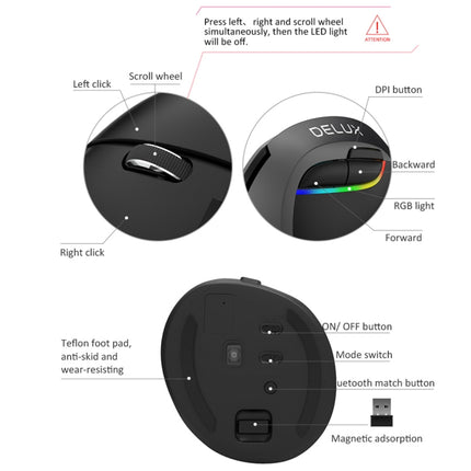 DELUX M618 Mini 2.4G Wireless 2400DPI USB Rechargeable Ergonomic Vertical Mouse(Grey)-garmade.com