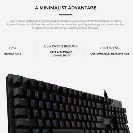 Logitech G512 RGB L-axis Mechanical Wired Gaming Keyboard, Length: 1.8m (Black)-garmade.com