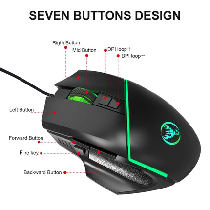 HXSJ A876 Wired Mouse Colorful Synchronous Light Emission 6400dpi Adjustable Light Gaming Mouse, Length: 150cm-garmade.com