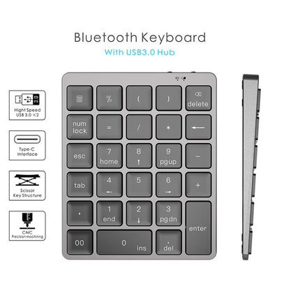 N970 Pro Dual Modes Aluminum Alloy Rechargeable Wireless Bluetooth Numeric Keyboard with USB HUB (Grey)-garmade.com
