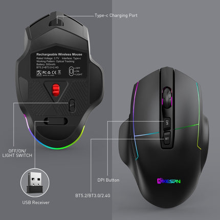 MKESPN X11 Bluetooth Three-modes Charging Wireless RGB Gaming Mouse-garmade.com