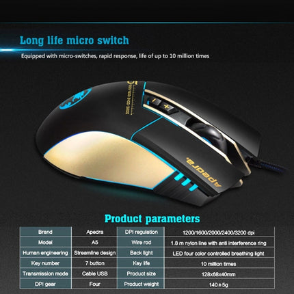 Apedra iMICE A5 High Precision Gaming Mouse LED four color controlled breathing light USB 7 Buttons 3200 DPI Wired Optical Gaming Mouse for Computer PC Laptop(Black)-garmade.com