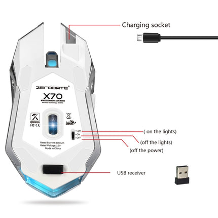 ZERODATE X70 2.4GHz Wireless 6-Keys 2400 DPI Adjustable Ergonomics Optical Gaming Mouse with Breathing Light(White)-garmade.com