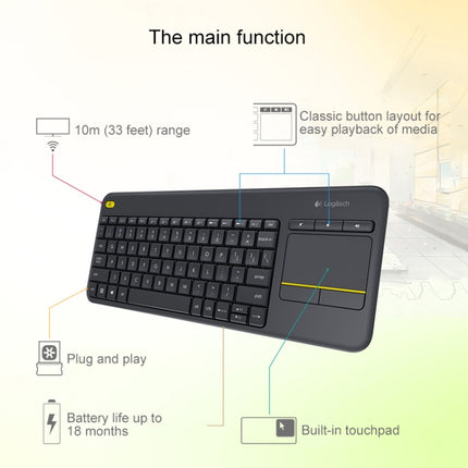 Logitech K400 Plus 2.4GHz Wireless Touch Control Keyboard, Wireless Range: 10m (Black)-garmade.com