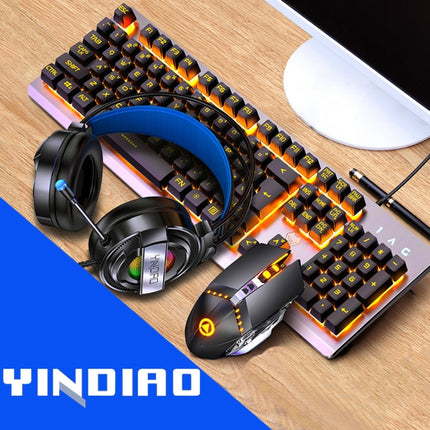 YINDIAO K002 USB Wired Mechanical Feel Orange Backlight Keyboard + Optical Mouse + Headset Set(Black)-garmade.com