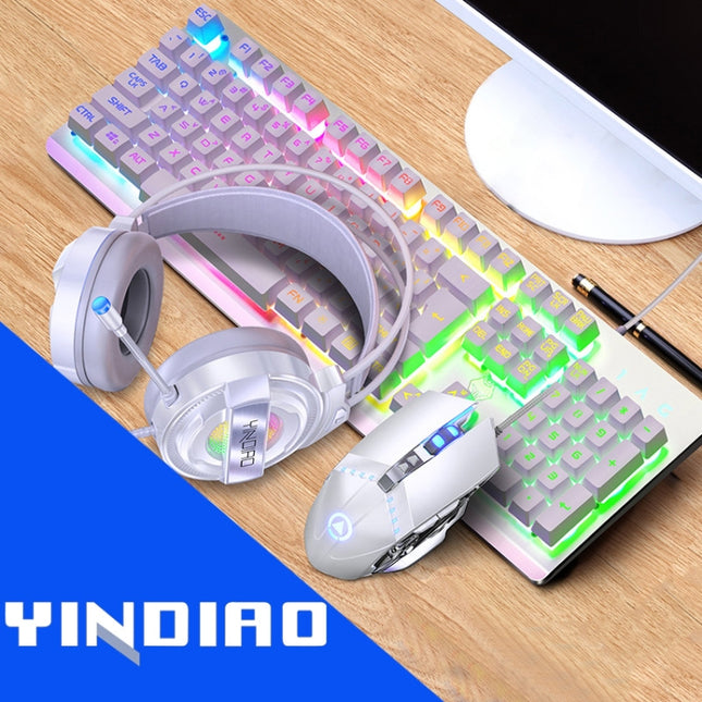 YINDIAO K002 USB Wired Mechanical Feel RGB Backlight Keyboard + Optical Mouse + Headset Set(White)-garmade.com