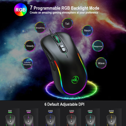 HXSJ J300 7 Keys RGB Lighting Programmable Gaming Wired Mouse(Black)-garmade.com