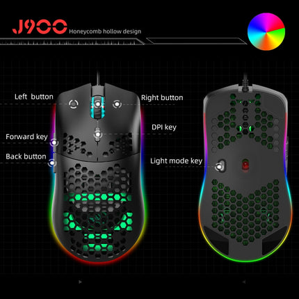 HXSJ J900 6 Keys RGB Lighting Programmable Gaming Wired Mouse (Black)-garmade.com