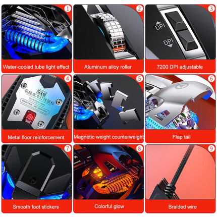 YINDIAO G10 7200DPI 7-modes Adjustable 7-keys RGB Light Wired Metal Mechanical Hard Core Macro Mouse, Style: Audio Version(Silver)-garmade.com