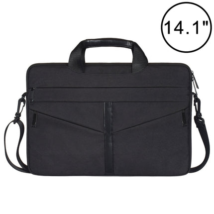 14.1 inch Breathable Wear-resistant Fashion Business Shoulder Handheld Zipper Laptop Bag with Shoulder Strap (Black)-garmade.com