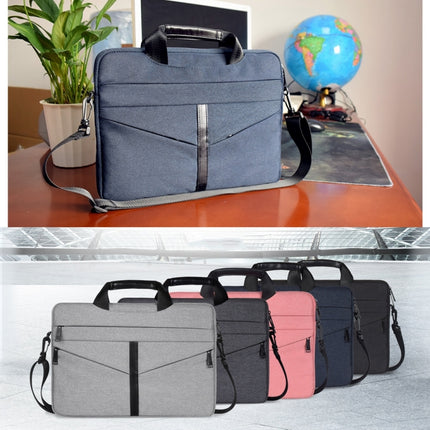 14.1 inch Breathable Wear-resistant Fashion Business Shoulder Handheld Zipper Laptop Bag with Shoulder Strap (Navy Blue)-garmade.com