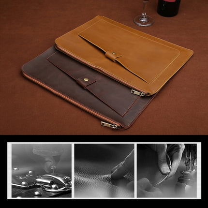 11.6 inch Genuine Leather Zipper Laptop Tablet Bag, For Macbook, Samsung, Lenovo, Sony, DELL Alienware, CHUWI, ASUS, HP 11.6 inch and Below Laptop(Coffee)-garmade.com