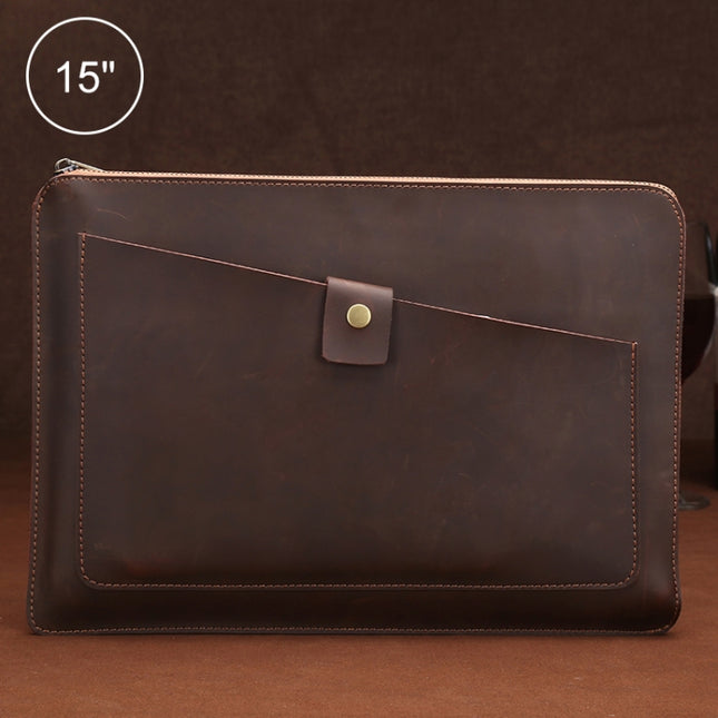 Universal Genuine Leather Business Zipper Laptop Tablet Bag For 15 inch and Below(Coffee)-garmade.com