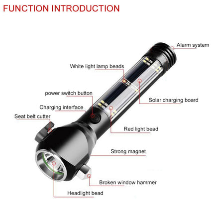 Multi-functional Car Safety Hammer Solar Alarm Emergency Working Flashlight (Black)-garmade.com