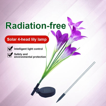 Simulated Lily Flower 4 Heads Solar Powered Outdoor IP55 Waterproof LED Decorative Lawn Lamp, White Light (Purple)-garmade.com