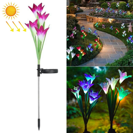 Simulated Lily Flower 4 Heads Solar Powered Outdoor IP55 Waterproof LED Decorative Lawn Lamp, Colorful Light (Purple)-garmade.com