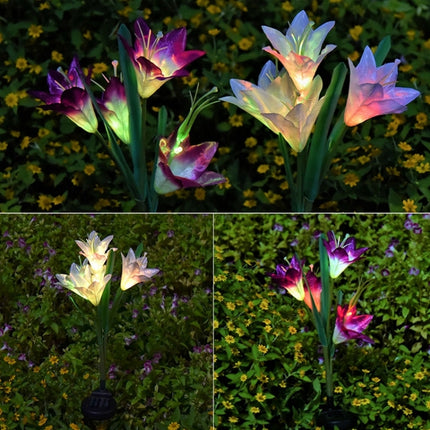 Simulated Lily Flower 4 Heads Solar Powered Outdoor IP55 Waterproof LED Decorative Lawn Lamp, Colorful Light (Purple)-garmade.com