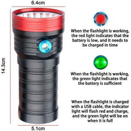 3 Gears, DB18 18xT6, Luminous Flux: 5400lm LED Flashlight, with 4 18650 Batteries (Red Black)-garmade.com