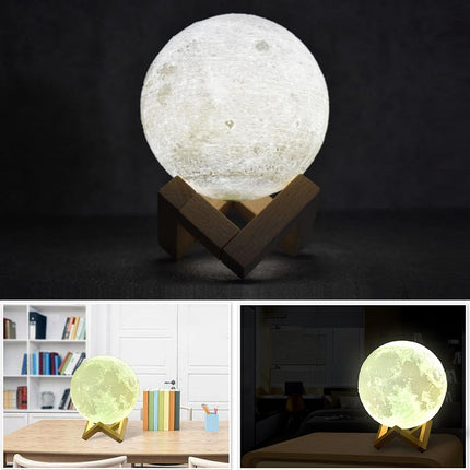 8cm Touch Control 3D Print Moon Lamp, USB Charging White + Yellow Light Color Changing LED Energy-saving Night Light with Wooden Holder Base-garmade.com