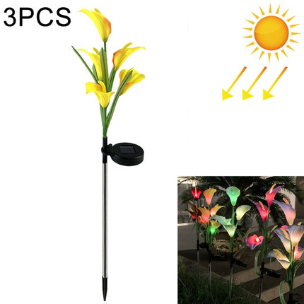 3PCS Simulated Calla Lily Flower 5 Heads Solar Powered Outdoor IP65 Waterproof LED Decorative Lawn Lamp, Colorful Light(Yellow)-garmade.com