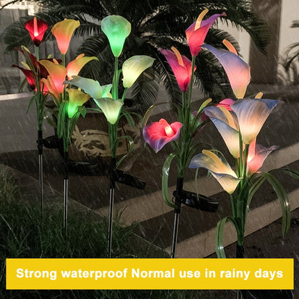 3PCS Simulated Calla Lily Flower 5 Heads Solar Powered Outdoor IP65 Waterproof LED Decorative Lawn Lamp, Colorful Light(Yellow)-garmade.com