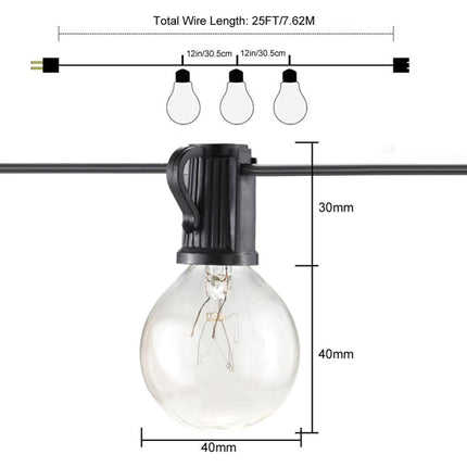 G40-EU-25 G40 7.6m 175W E12 IP44 Waterproof Retro Filament Bulb String Light, 25 Bulbs LED Decorative Lamp for Garden, Engineering, Bar, Party, Wedding, AC 220V, EU Plug(Warm White)-garmade.com