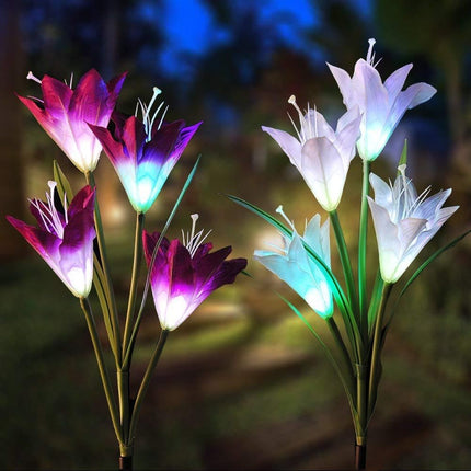 2 PCS Lily Flower Shape 4 Heads Solar Powered Outdoor IP55 Waterproof LED Decorative Lantern Lawn Lamp-garmade.com