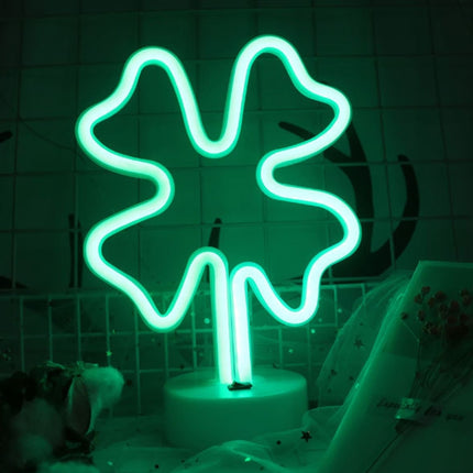 Four-leaf Clover Romantic Neon LED Holiday Light with Holder, Warm Fairy Decorative Lamp Night Light for Christmas, Wedding, Party, Bedroom(Green Light)-garmade.com