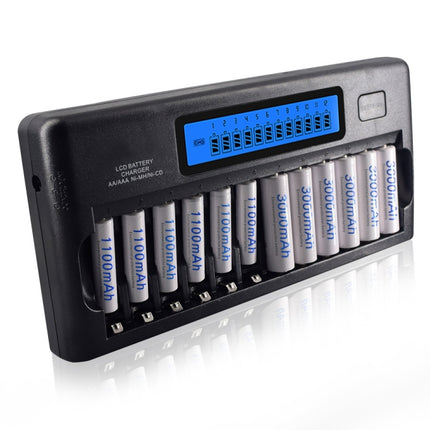 100-240V 12 Slot Battery Charger for AA / AAA / NI-MH / NI-CD Battery, with LCD Display, EU Plug-garmade.com