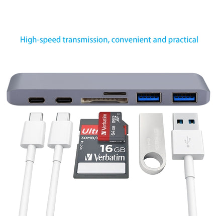 6 in 1 Multi-function Aluminium Alloy 5Gbps Transfer Rate Dual USB-C / Type-C HUB Adapter with 2 USB 3.0 Ports & 2 USB-C / Type-C Ports & SD Card Slot & TF Card Slot for Macbook 2015 / 2016 / 2017(Grey)-garmade.com
