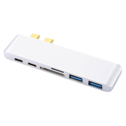 6 in 1 Multi-function Aluminium Alloy 5Gbps Transfer Rate Dual USB-C / Type-C HUB Adapter with 2 USB 3.0 Ports & 2 USB-C / Type-C Ports & SD Card Slot & TF Card Slot for Macbook 2015 / 2016 / 2017(Silver)-garmade.com