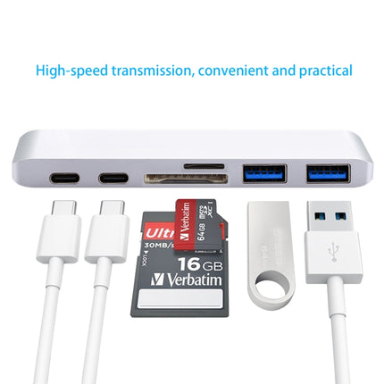 6 in 1 Multi-function Aluminium Alloy 5Gbps Transfer Rate Dual USB-C / Type-C HUB Adapter with 2 USB 3.0 Ports & 2 USB-C / Type-C Ports & SD Card Slot & TF Card Slot for Macbook 2015 / 2016 / 2017(Silver)-garmade.com