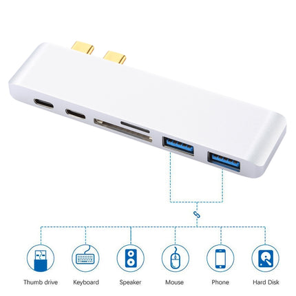 6 in 1 Multi-function Aluminium Alloy 5Gbps Transfer Rate Dual USB-C / Type-C HUB Adapter with 2 USB 3.0 Ports & 2 USB-C / Type-C Ports & SD Card Slot & TF Card Slot for Macbook 2015 / 2016 / 2017(Silver)-garmade.com