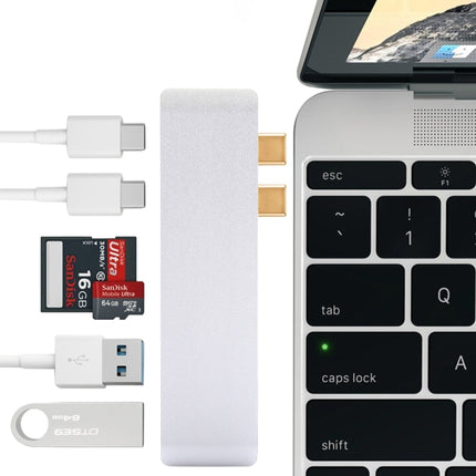 6 in 1 Multi-function Aluminium Alloy 5Gbps Transfer Rate Dual USB-C / Type-C HUB Adapter with 2 USB 3.0 Ports & 2 USB-C / Type-C Ports & SD Card Slot & TF Card Slot for Macbook 2015 / 2016 / 2017(Silver)-garmade.com